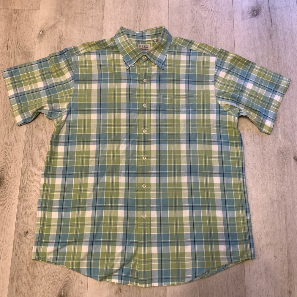 L.L.Bean Men's L Reg Green Blue Plaid Short Sleeve Button-Down Shirt‎ Casual